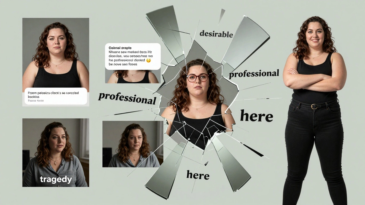 A fragmented mirror reflects distorted stereotypes of fat sex workers, while the real woman stands strong at the center.