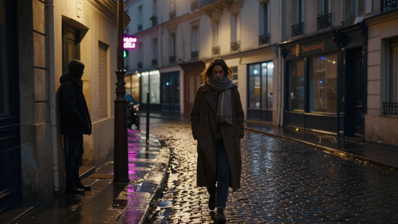 A woman walks alone down a rainy Paris street at night, shadowy figure watching from afar, cinematic noir atmosphere.