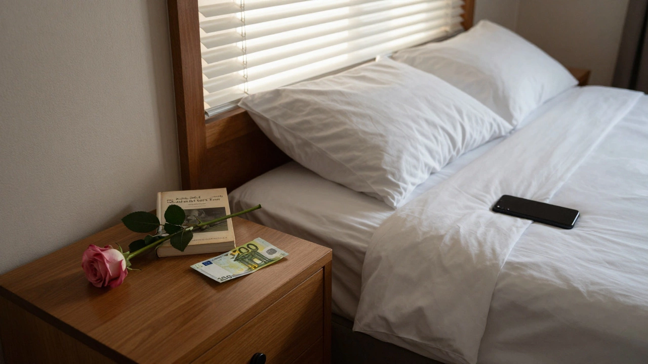 An empty hotel room at dawn with a folded bill, a rose, and a book of Proust on the nightstand.