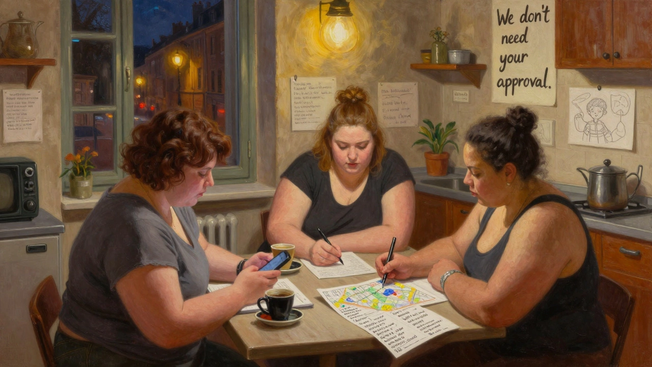 Three fat sex workers meet at a kitchen table in Lyon, sharing safety tips and client lists under warm lamplight.